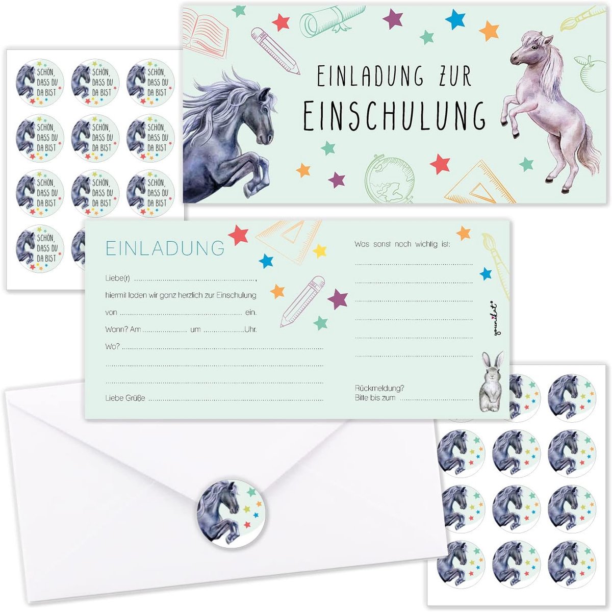 SnelShoppen - Uitnodigingen Eerste Schooldag Paard Motief, DIN Lang, 10x21 cm, Set van 10, Met Enveloppen en Stickers, PEFC Gecertificeerd