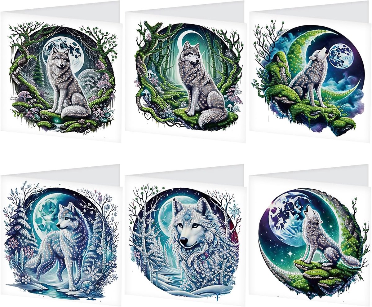 SnelShoppen - Set van 6 Diamant Schilderen Wenskaarten met Hoevende Wolf, Inclusief Enveloppen, Creatieve Verjaardagskaarten, Bedankkaarten, Zegeninge