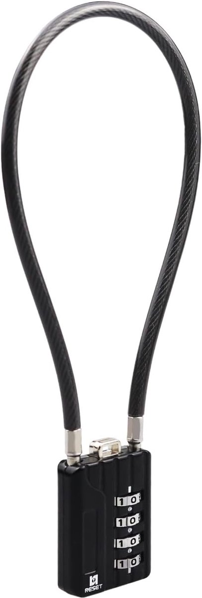 SnelShoppen - RESET Combinatielock met 4-cijferige Code en 30 cm Stalen Kabel voor Lockers, Bagage, Koffers, Gereedschapskisten, Helmen - Zwart