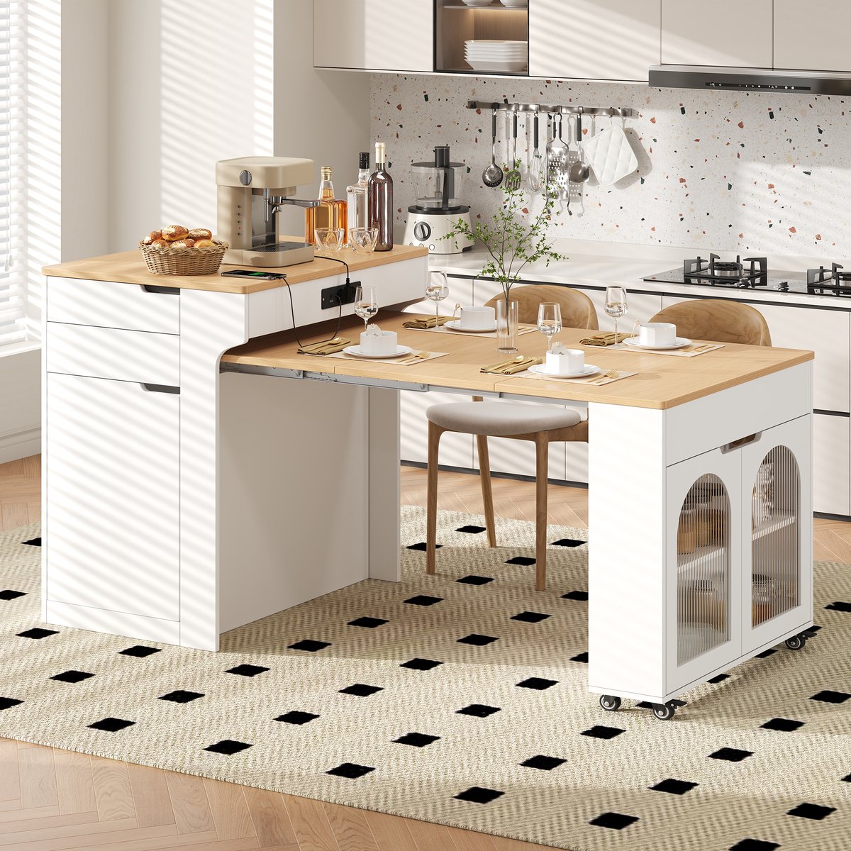 HAUSS SPOLE Keukenkast - Uitschuifbare Keukeninsel Met Stopcontact En Rollen - Voor Keuken En Eetruimte - MDF En Glas - Wit - 153 Cm