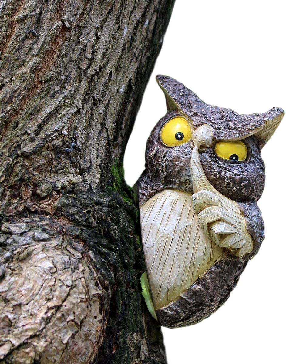 SnelShoppen - Uilen Tuinbeelden Buiten Decor, Nep Uil Afschrikkende Decoy voor Vogels, Boom Gezicht Decoratie, Hars Beeldhouwwerk Tuin Peeker Kunst vo