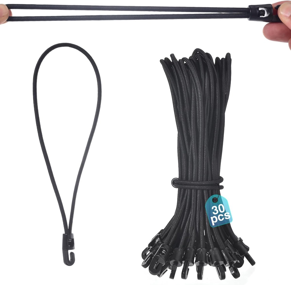 SnelShoppen - 30 stuks Korte Elastische Spanners met Haken - Zwart - 25 cm - Ideaal voor Dekzeilen, Tenten, Camping, Aanhanger, Zwembad