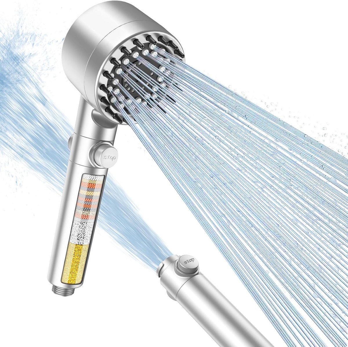 SnelShoppen - Antikalk Douchekop met 15-Laags Filter, 3 + 1 Straalsoorten, Hogedruk, Waterbesparend, Gelakt Zilver voor Krachtige Douche-ervaring