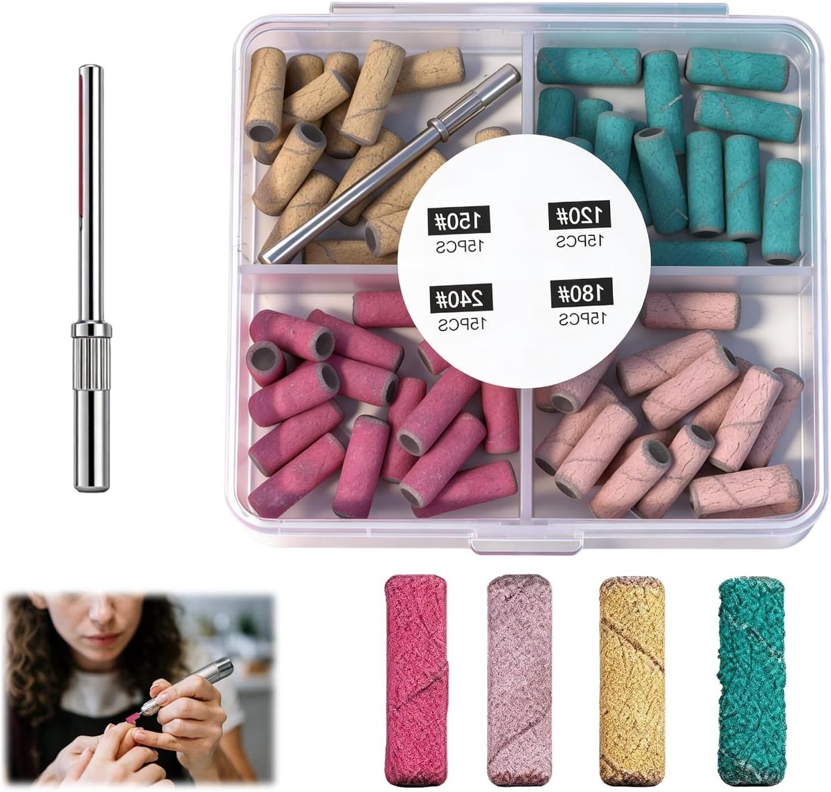 Nagelschuurhulzen set van 4, schuurmiddelen 120 150 180 240 voor nagelverzorging, vijlen en afwerking van gel en natuurlijke nagels