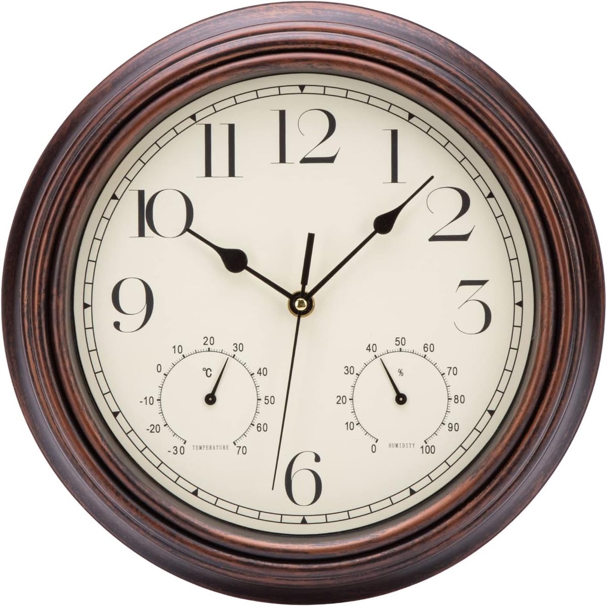 SnelShoppen - Retro Wandklok met Thermometer en Hygrometer - Stille Bronzen Klok van 30 cm voor Keuken, Woonkamer en Slaapkamer - Decoratie voor Huis