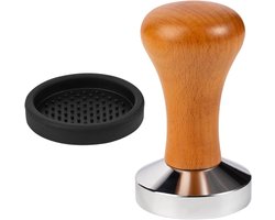 Professionele 51 mm koffie tamper met houten handvat en siliconen mat – RVS espresso tamper voor perfecte koffiecrema en barista-ervaring