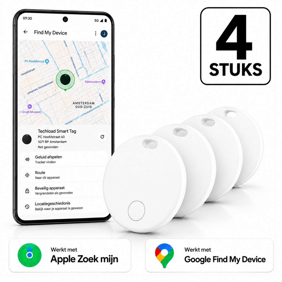 Techload Tracker Android - Google Find My Device en Apple Find My - Wit - 4 Stuks