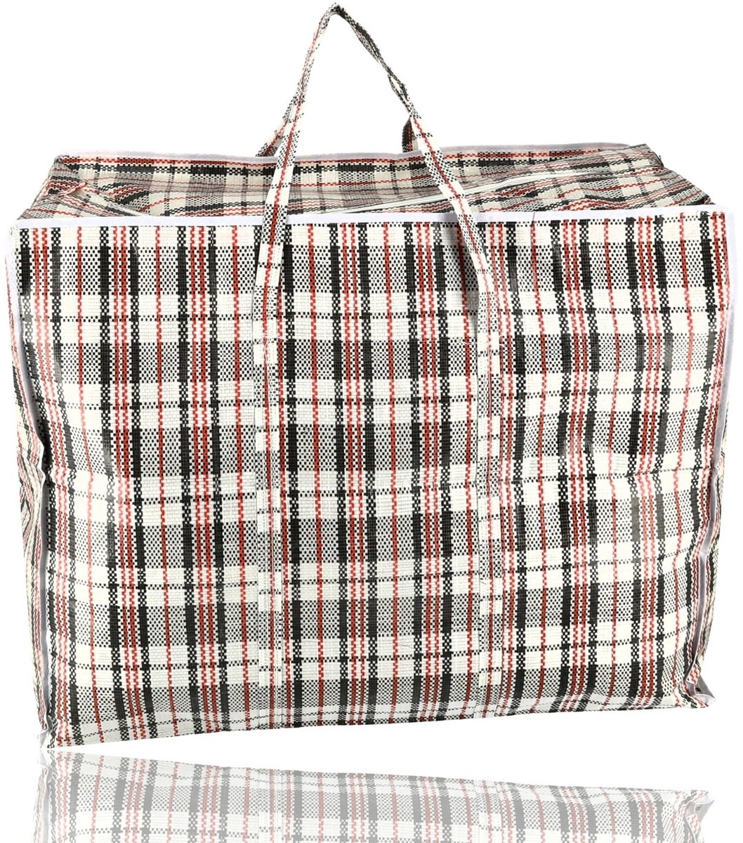 Opbergtas met Rits 150 Liter – 1 Stuk – Big Shopper XL en Grote Verhuistas voor Dekbedden, Kleding, Wasgoed en Boodschappen – 70 x 40 x 56 cm – Zwart Rood Wit