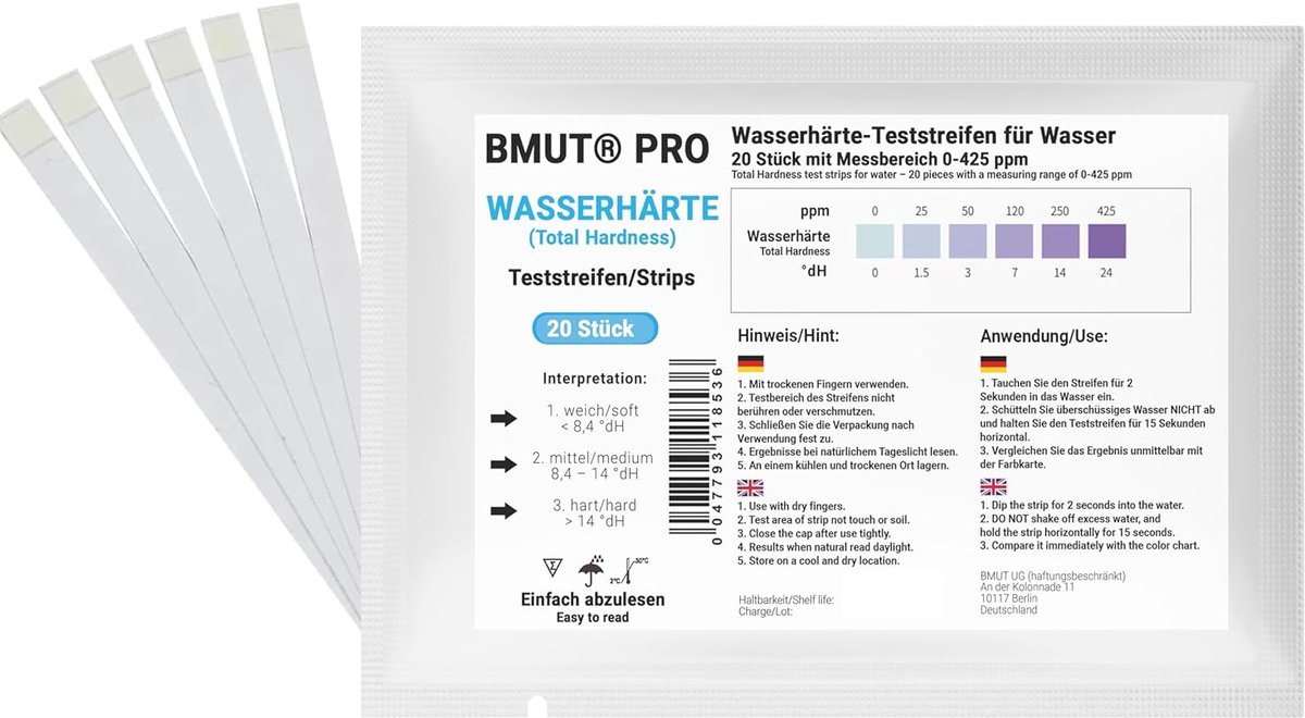 SnelShoppen - 20 x Teststrips Waterhardheid - °dH Duitse Hardheid - Soft, Medium, Hard - 0-425 ppm - Perfect voor Aquariums, Zwembaden, Waterfilters,