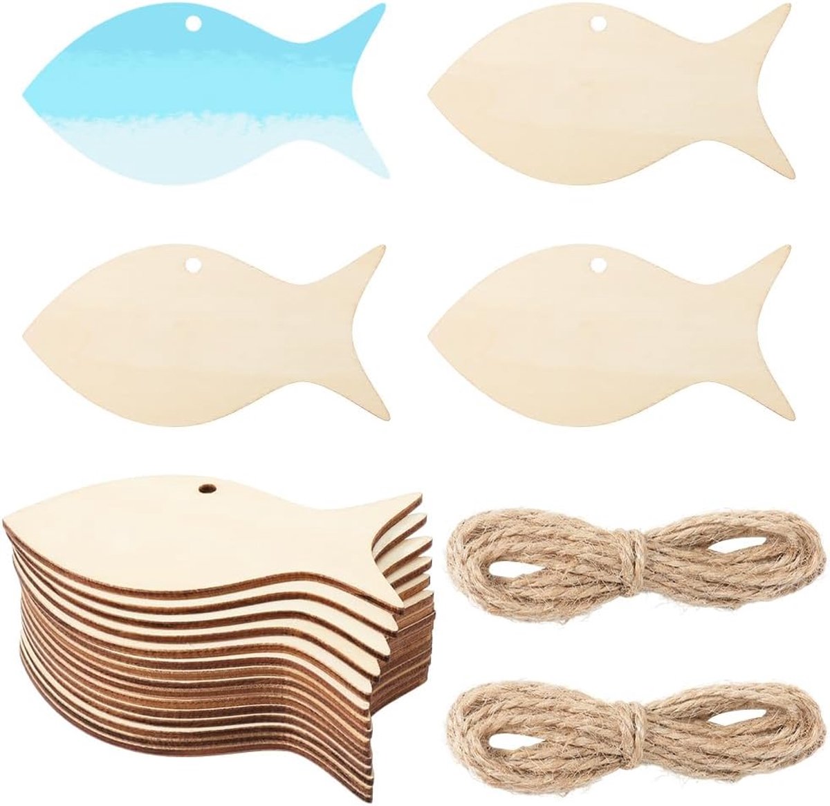 SnelShoppen - 20x Onafgewerkte Houten Vissen Sneden 10.2x5cm - Houten Decoratie met Gaten, 2x 2m Jute Touw voor Feest, Tuin en Creatieve Projecten