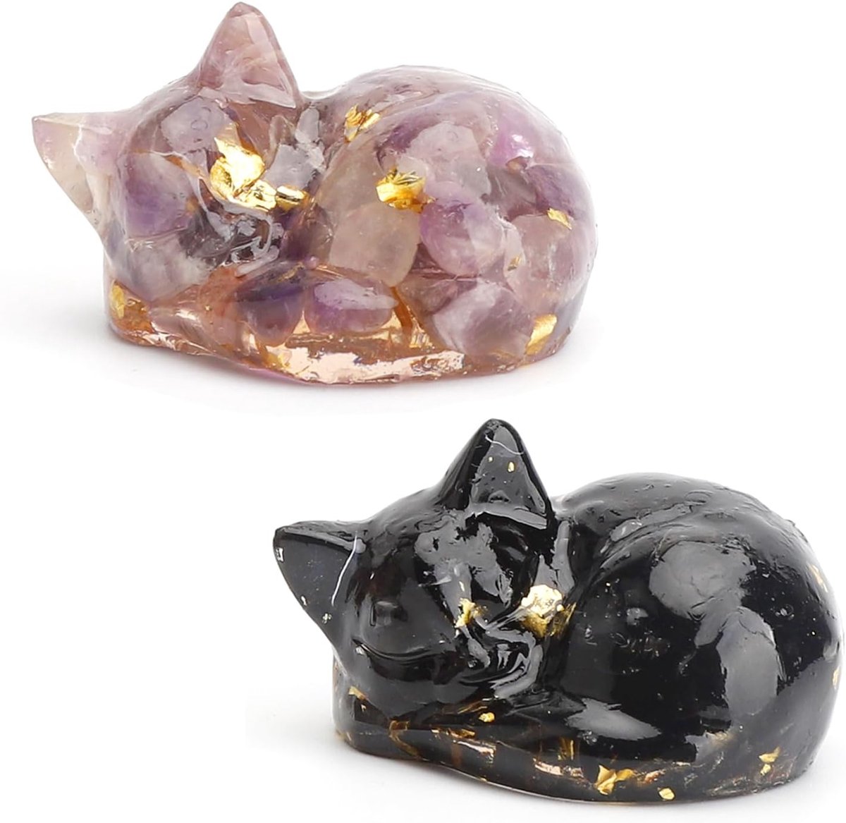 SnelShoppen - Amethyst Kat Figuren Set van 2 - Decoratieve Desk Statue - Obsidiaan Kat Kristallen - Healing Stones - Slapende Kat Figuren voor Kat Lie