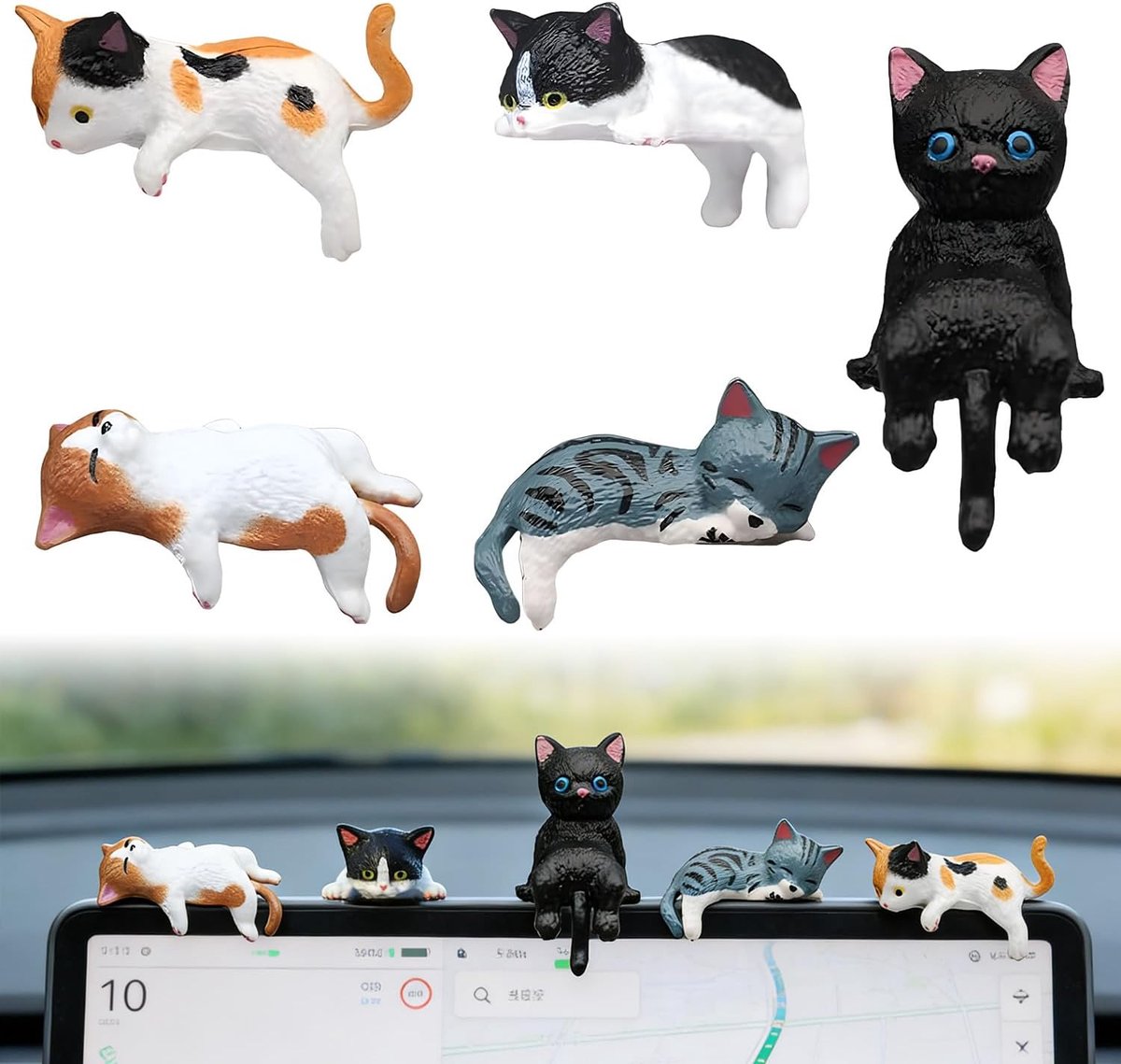 SnelShoppen - 5-Delige Set Mini Hars Kattenbeeldjes voor Dashboard, Bureau en Computermonitor, Schattige Kattendecoratie in Verschillende Kleuren en P