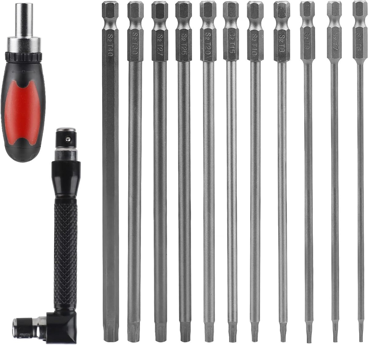 SnelShoppen - Torx Schroevendraaierset 150 mm met 2 Torx Schroevendraaiers, 11 Torx Bits (T6-T40), Magnetisch, S2 Staal, Sterkop