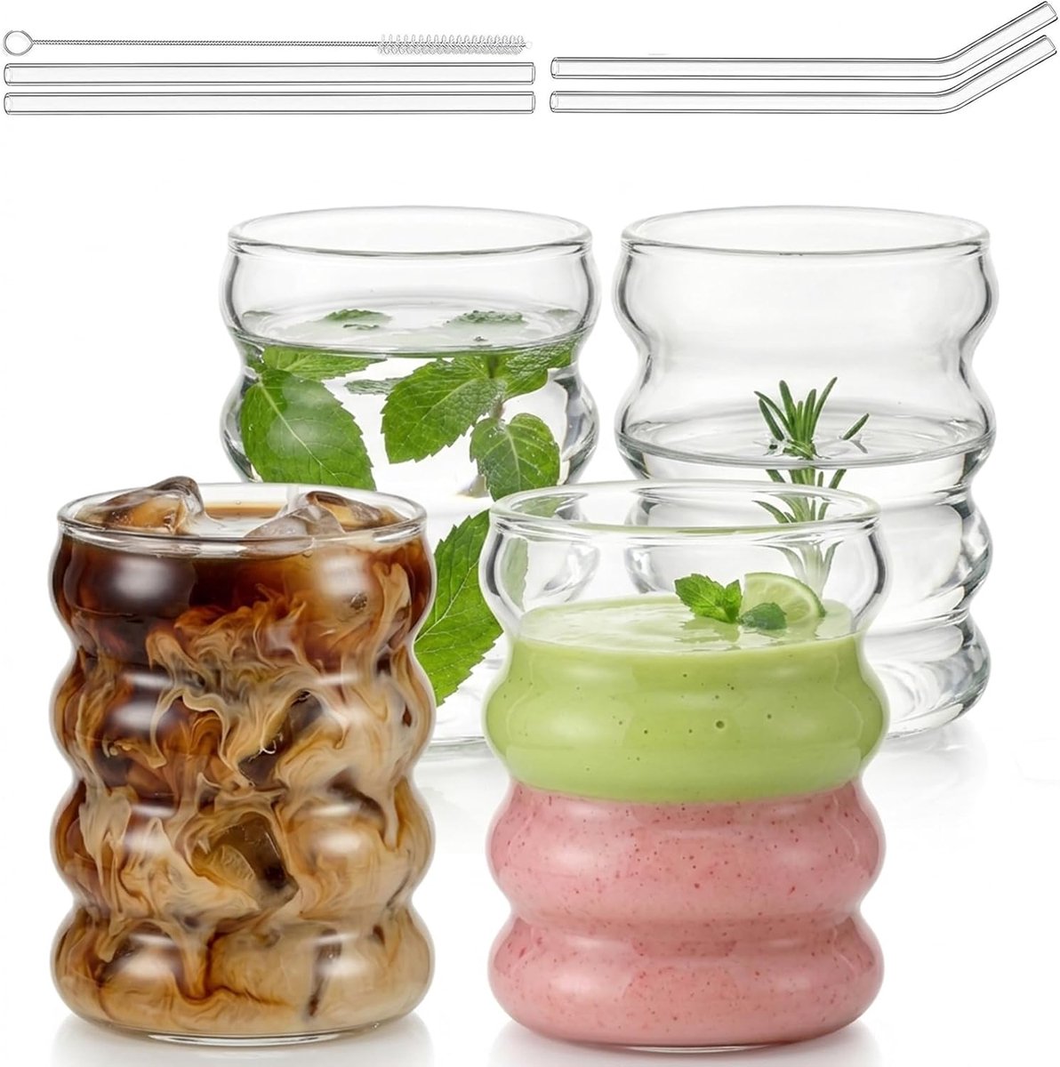 SnelShoppen - VITEVER Bubble Glasses Set van 4 - 530 ml Ribbed Iced Coffee Glazen met Glazen Rietjes voor Cocktail, Melk, Water, Frisdrank - Retro Des