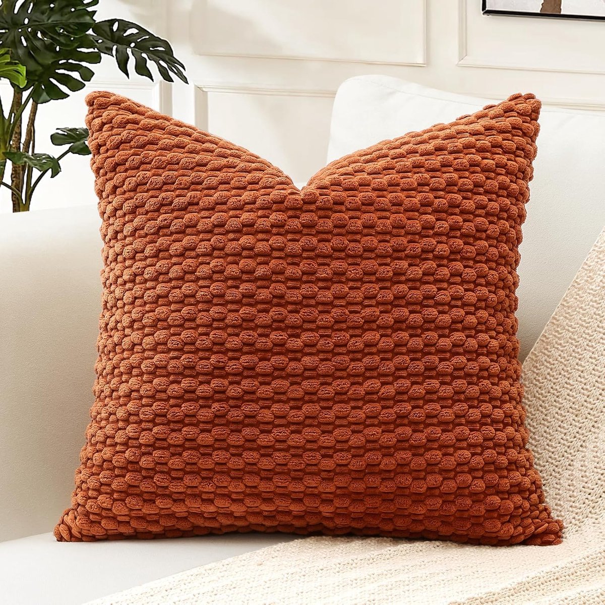 SnelShoppen - Decoratieve Corduroy Kussenhoes 45x45 cm met Pompoms - Super Zacht Boho Gestreept Kussen voor Sofa, Slaapkamer en Auto - Rustkleur - Set