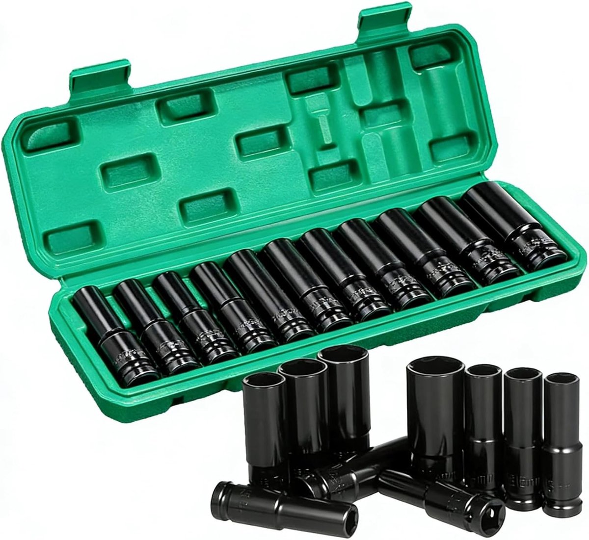 Thijox - 10-delige 1/2" Lange Doppen Set, Impact Socket Set 8-24mm voor Slagmoersleutel, Chroom-Vanadiumstaal met Groene Opbergdoos voor Thuisgebruik