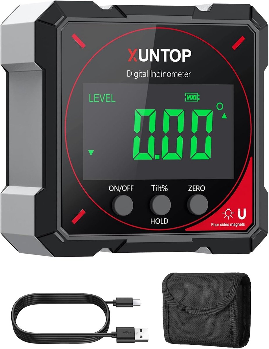 Oplaadbare Digitale Inclinometer met LCD Scherm en 4 Magnetische Zijkanten - IP54 Digitale Hoekmeter voor Nauwkeurige Metingen