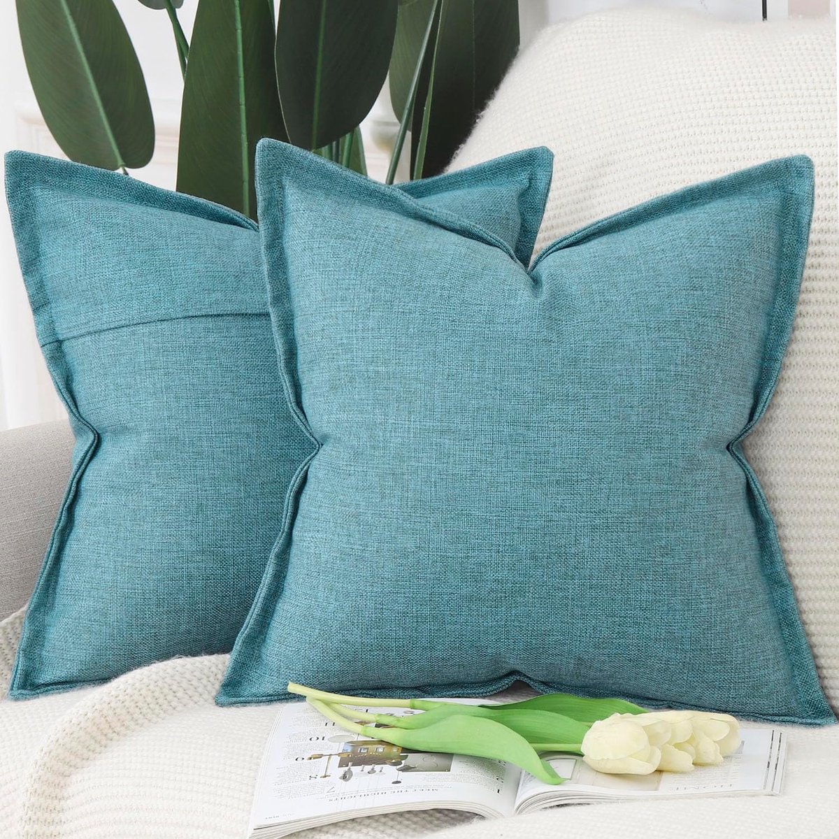 SnelShoppen - Set van 2 Imitatie Linnen Kussenhoezen 50x50cm Blauw - Zachte Decoratieve Kussens voor Sofa en Slaapkamer - Moderne Styling met Brede Ra
