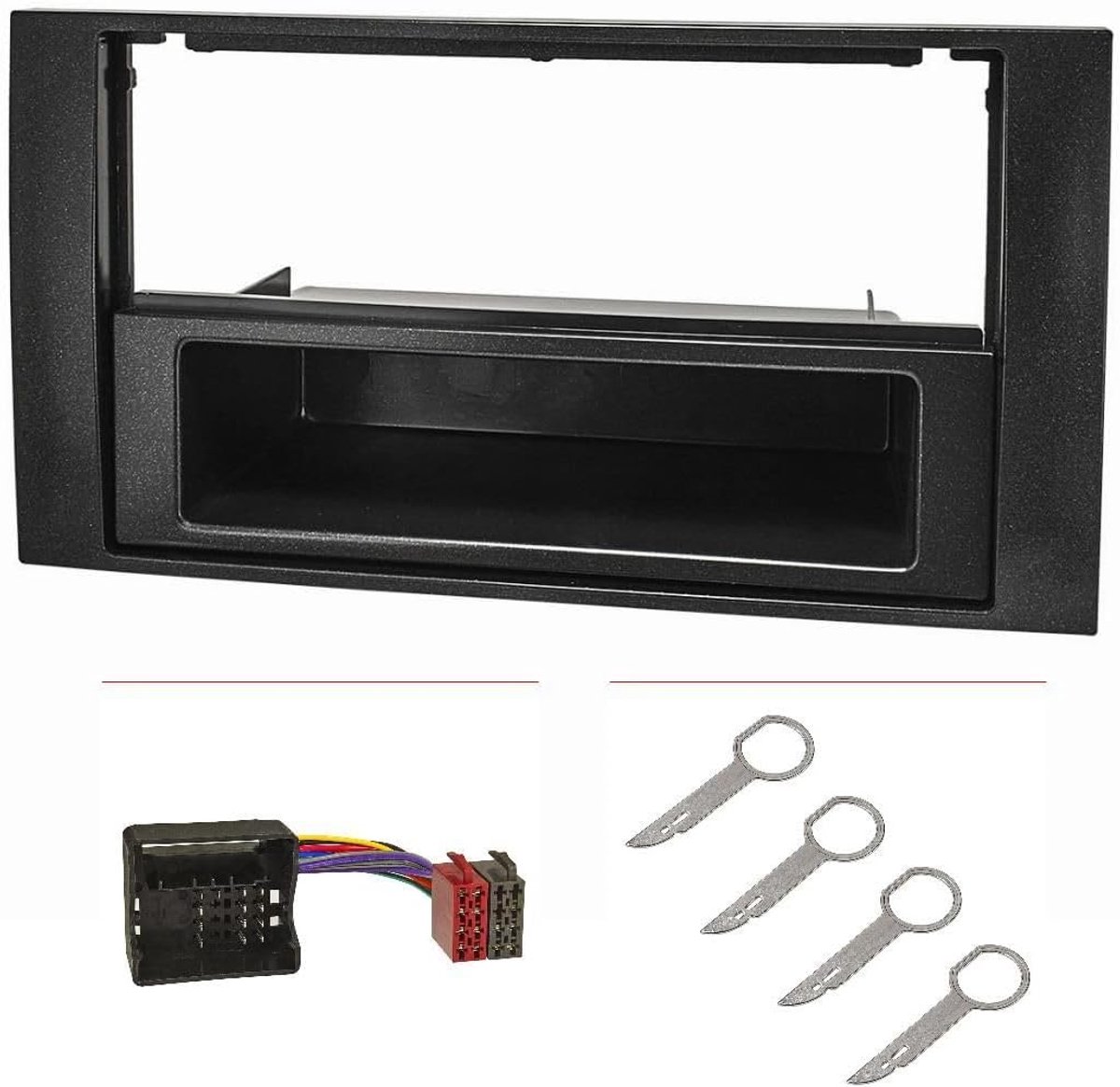SnelShoppen - Radio Installatieframe Set voor Ford Focus 2, Fiesta, C-Max, S-Max, Galaxy, Mondeo, Kuga, Transit - Zwart met Quadlock Adapter ISO, Ontg