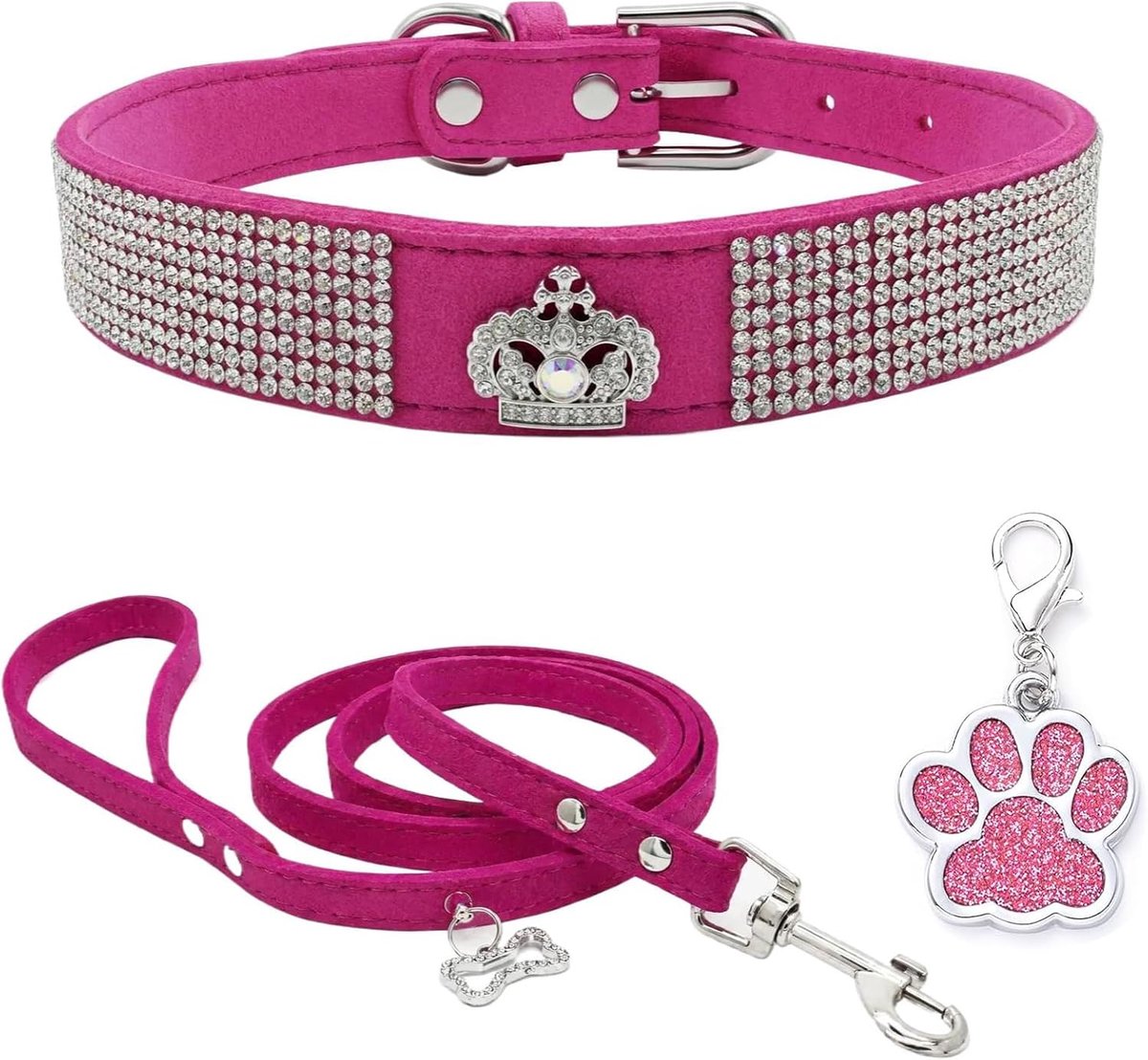 SnelShoppen - Rhinestone Hondenhalsband en Leash Set - Luxe Zachte Velours Hondenhalsband met Bling en Diamanten - Verstelbare Puppy Halsband voor Kle