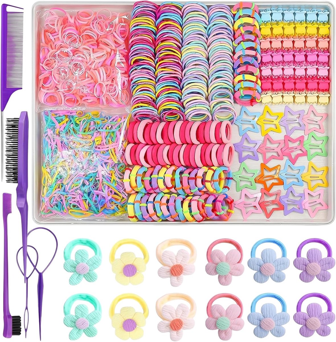 SnelShoppen - Hair Eraser Set voor Meisjes - 889 Stuks Kleurrijke Elastische Haaraccessoires met 12 Bloemen Haargeluiden voor Feestjes en Dagelijks Ge