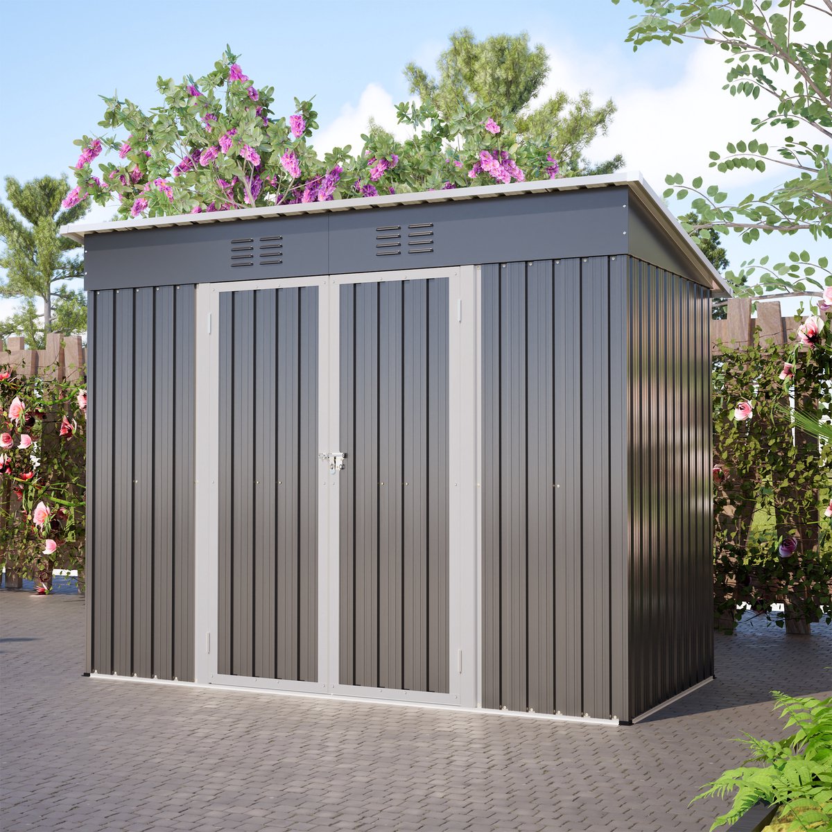 HAUSS SPOLE Schuur – 242 x 126 x 182 cm – Pultdak Met Afsluitbare Deur – Metaal – Grijs – Tuinberging Met 2 Ventilatieroosters