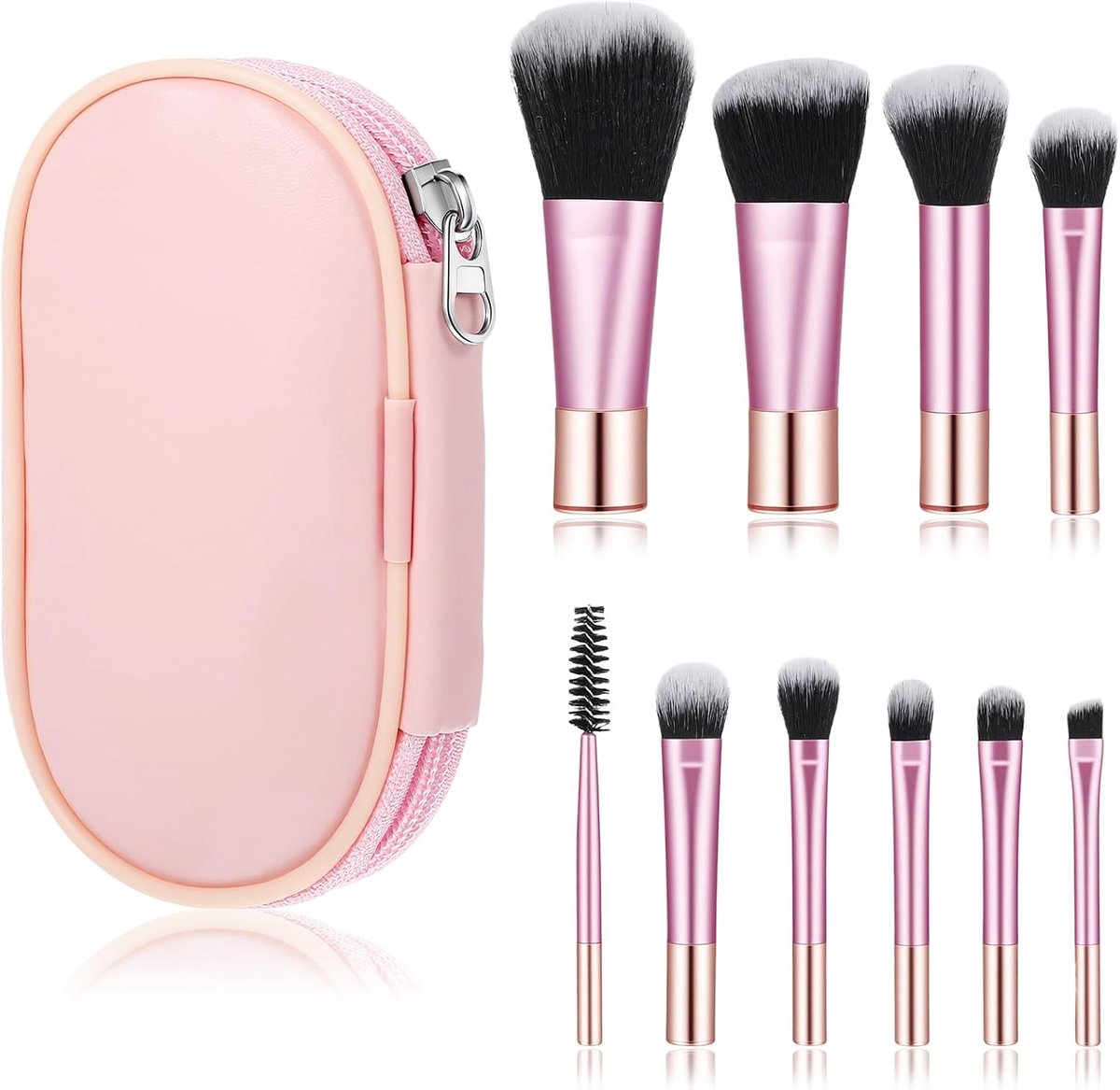 SnelShoppen - 10-delige Mini Reis Make-up Kwasten Set met Pouch, Roze Professionele Cosmetische Brush voor Foundation, Oogschaduw, Compact en Draagbaa