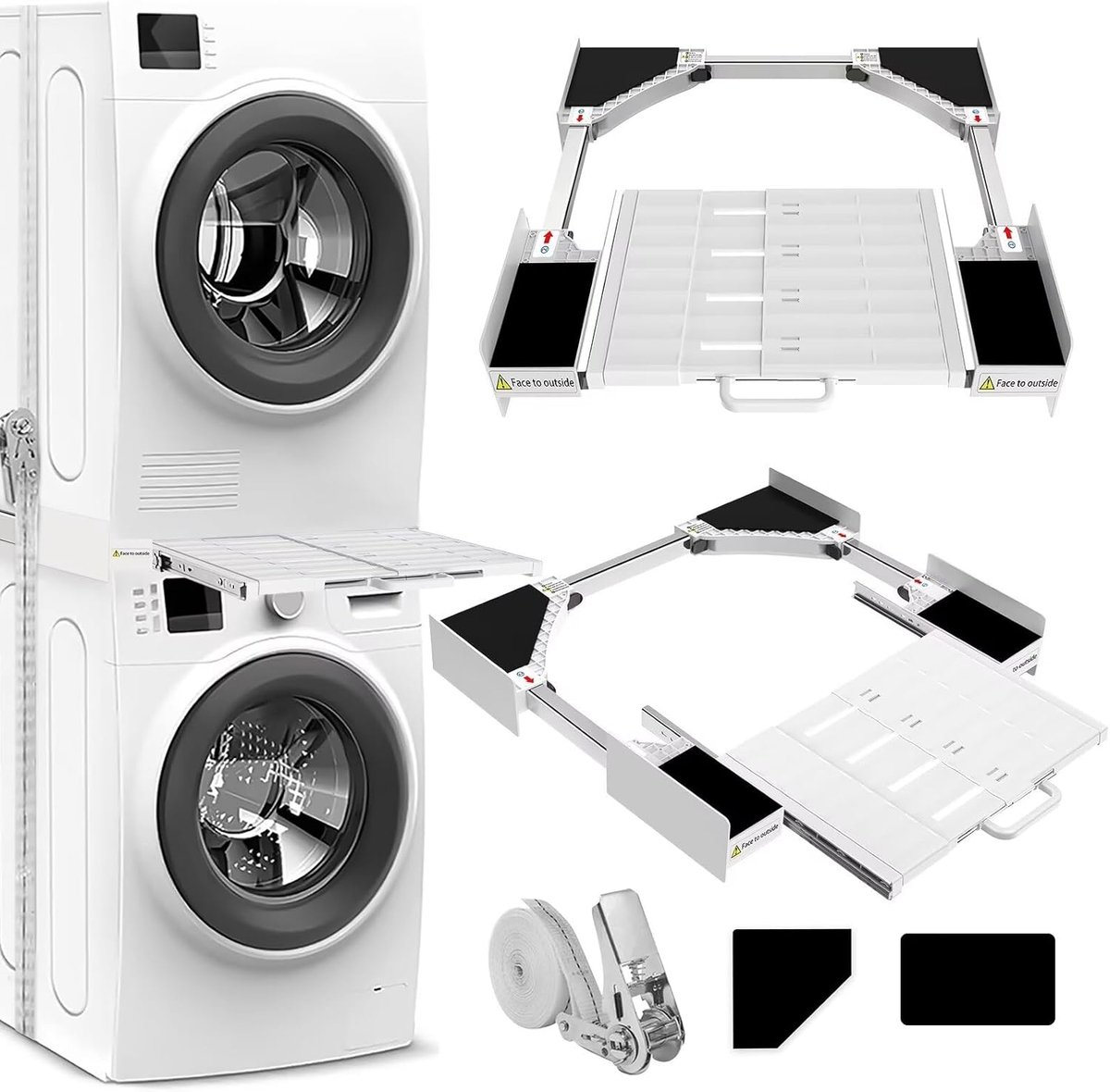 SnelShoppen - NIUXX Wasmachine Set met Universele Aansluitframe en Ratchet Strap voor Wasmachines 53-68 cm - Stapelset voor Droger met Opbergrek