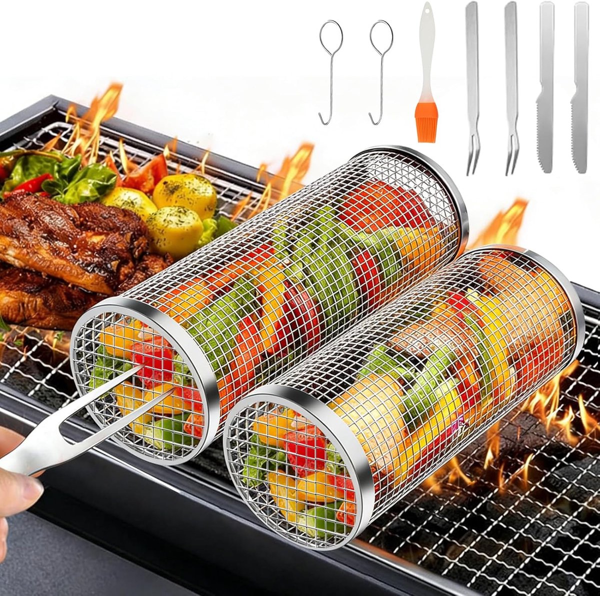 SnelShoppen - Rollende grillmand set van 2, roestvrij staal 304, BBQ-mand met houder en reinigingsborstel, ideaal voor groenten, friet, vis, camping e