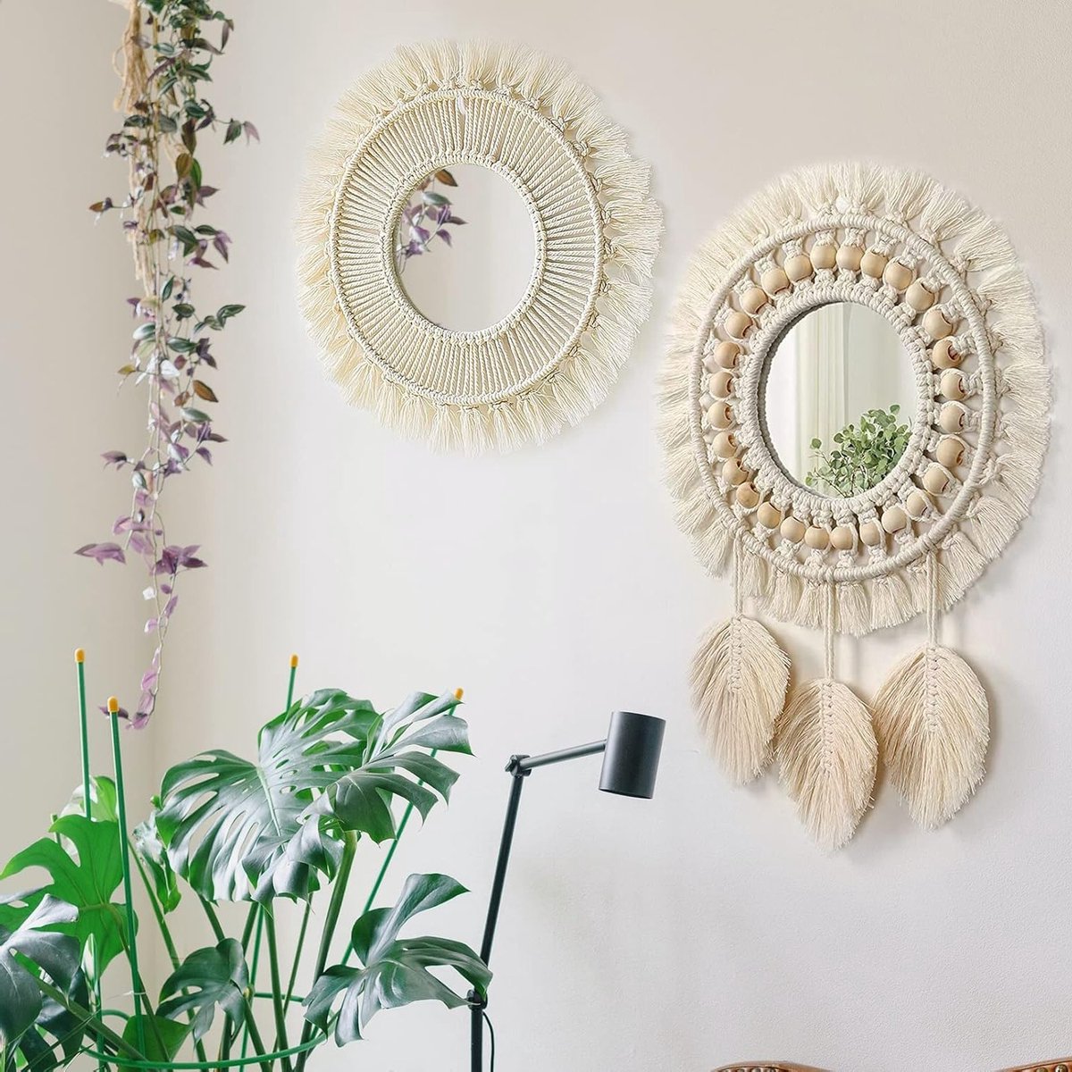 Set van 2 Wandspiegels met Geweven Franje in Ivoor Wit - Bohemian Ronde Decoratie voor Thuis, Slaapkamer en Woonkamer
