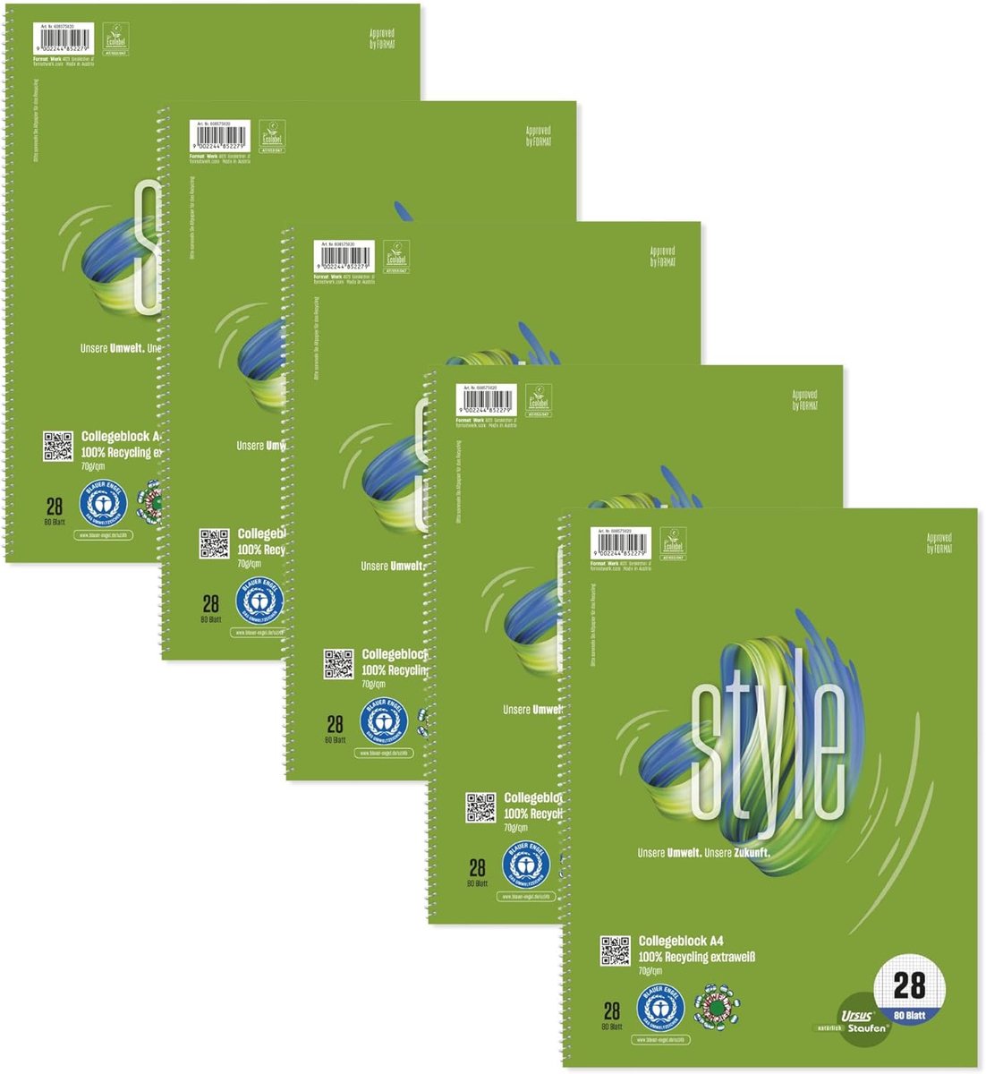 SnelShoppen - Eco-vriendelijk College Block DIN A4, 80 Vel, Gelijnd 28, 5mm Vierkant met Randlijnen, 4 Gaten, Premium Wit 70g/m² Gerecycled Papier, 5