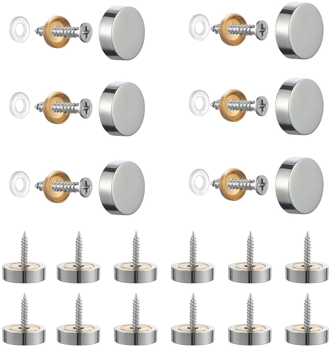 20 Sets Decoratieve Schroeven voor Spiegels - Messing 12mm Zilveren Spiegelschroeven met Decoratieve Wasringen voor Badkamers, Glaspanelen en Kasten