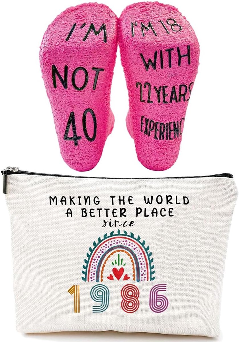 SnelShoppen - 2-delige Toiletry Bag Set voor 40ste Verjaardag, Perfecte Cadeaus voor Vrouwen, Make-up Tas en Verjaardagssokken, Ideaal voor 1986 (40 J
