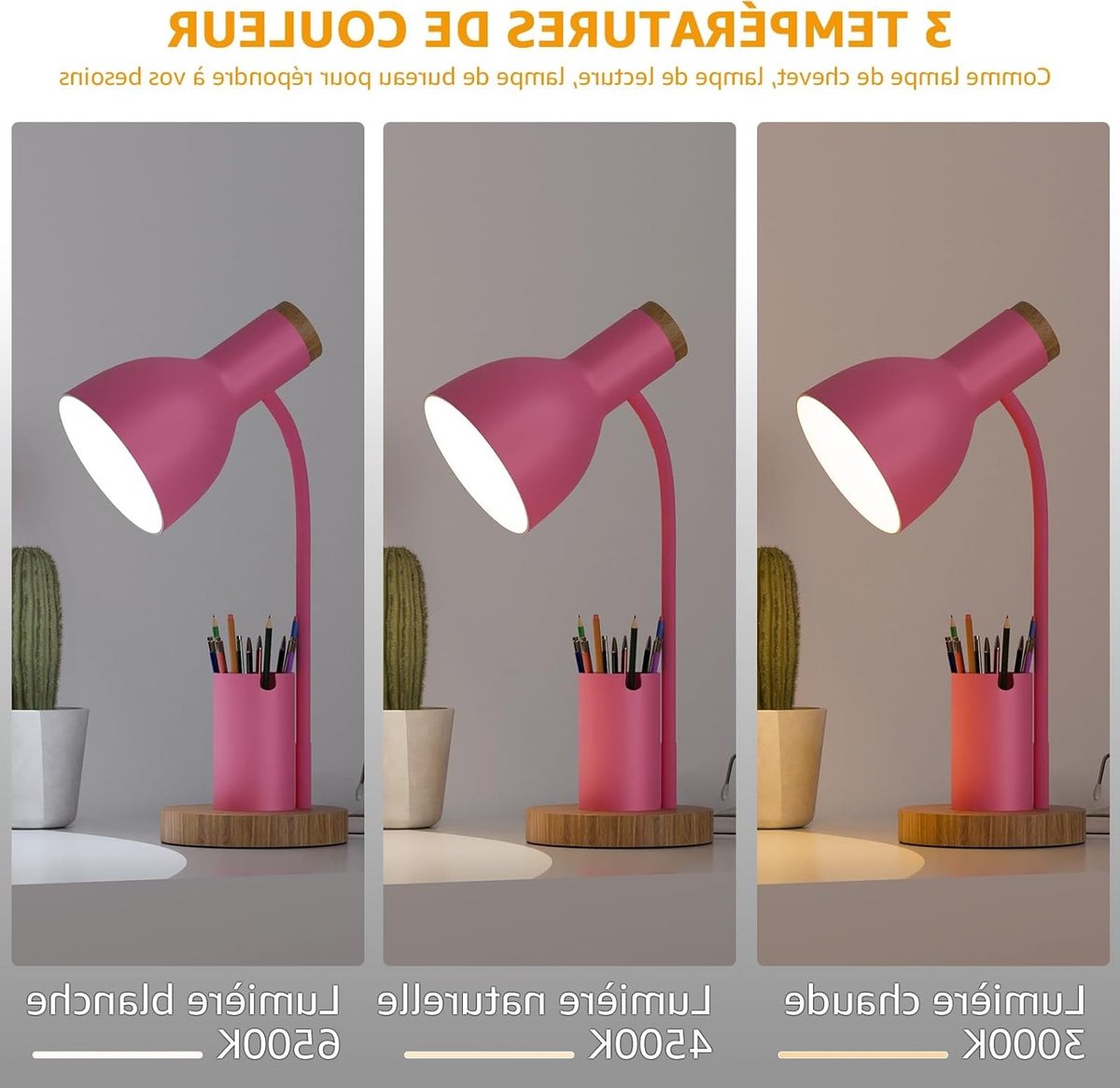 Moderne bureaulamp met penhouder en houten accent, verstelbaar ontwerp voor thuis en kantoor (roze)