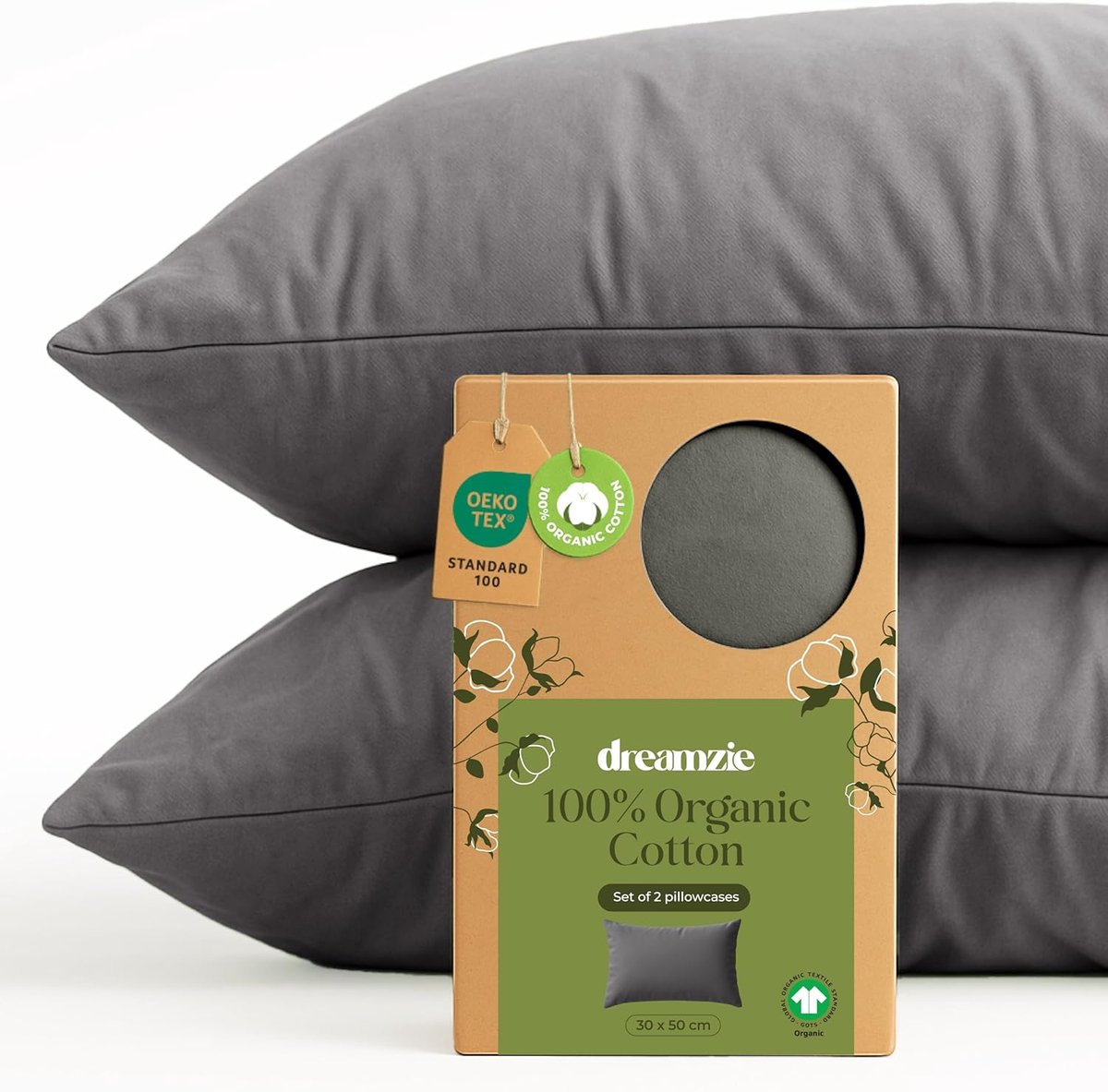 SnelShoppen - 2x 30x50 cm Kussenslopen - 100% Biologisch Katoen - Antraciet - Zipper - Oeko-Tex - Ademend en Thermoregulerend - Perfect voor Slaapkame