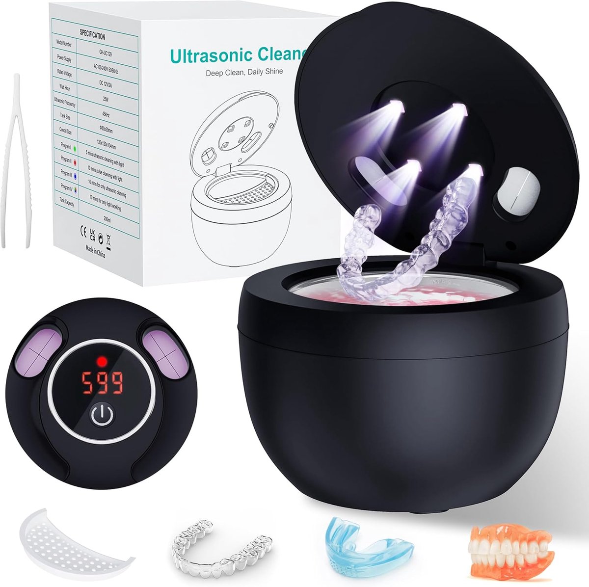 SnelShoppen - Ultrasone Reiniger 45 kHz, 200 ml, 25 W Draagbaar voor Tandprothesen, Mondbescherming en Tandenborstels