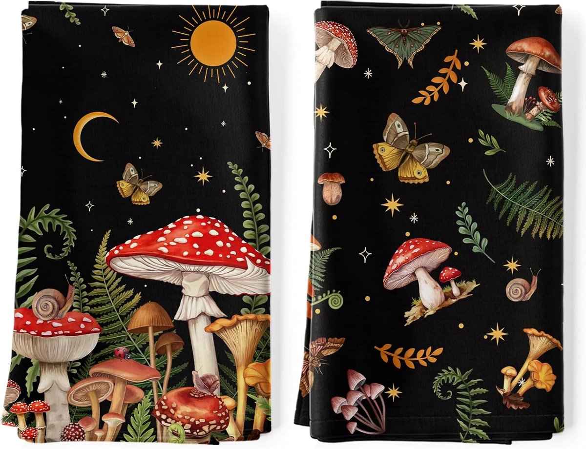 SnelShoppen - Set van 2 Theedoeken Paddenstoelen Keuken Handdoeken Vlinder Lente Bos Decoratief 100% Katoen 48 x 70 cm Absorberend Keuken Accessoires