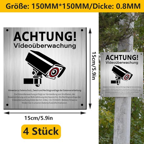 SnelShoppen - 4 x Video Surveillance Sign - 15 x 15 cm Camera Bewakingsbord met DSGVO Vermelding - Duurzaam en Weerbestendig - Zelfklevend voor Tuin, van Snelshoppen — afbeelding 5