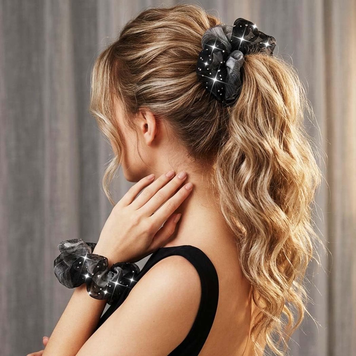 SnelShoppen - Elegante Strass-haarelastiekjes voor Dames, Glanzende Kristallen, Elastische Haarbanden, Set van 3 in Champagne, Zwart en Blauw voor Fee