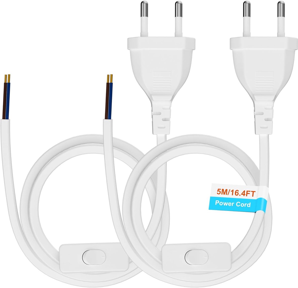 SnelShoppen - Euro Voedingskabel met Schakelaar, 2x 5m EU Stekker Kabel, Vervangingskabels, Aansluitsnoer met Schakelaar Type C, 2x 0.75 mm², Voor Lam