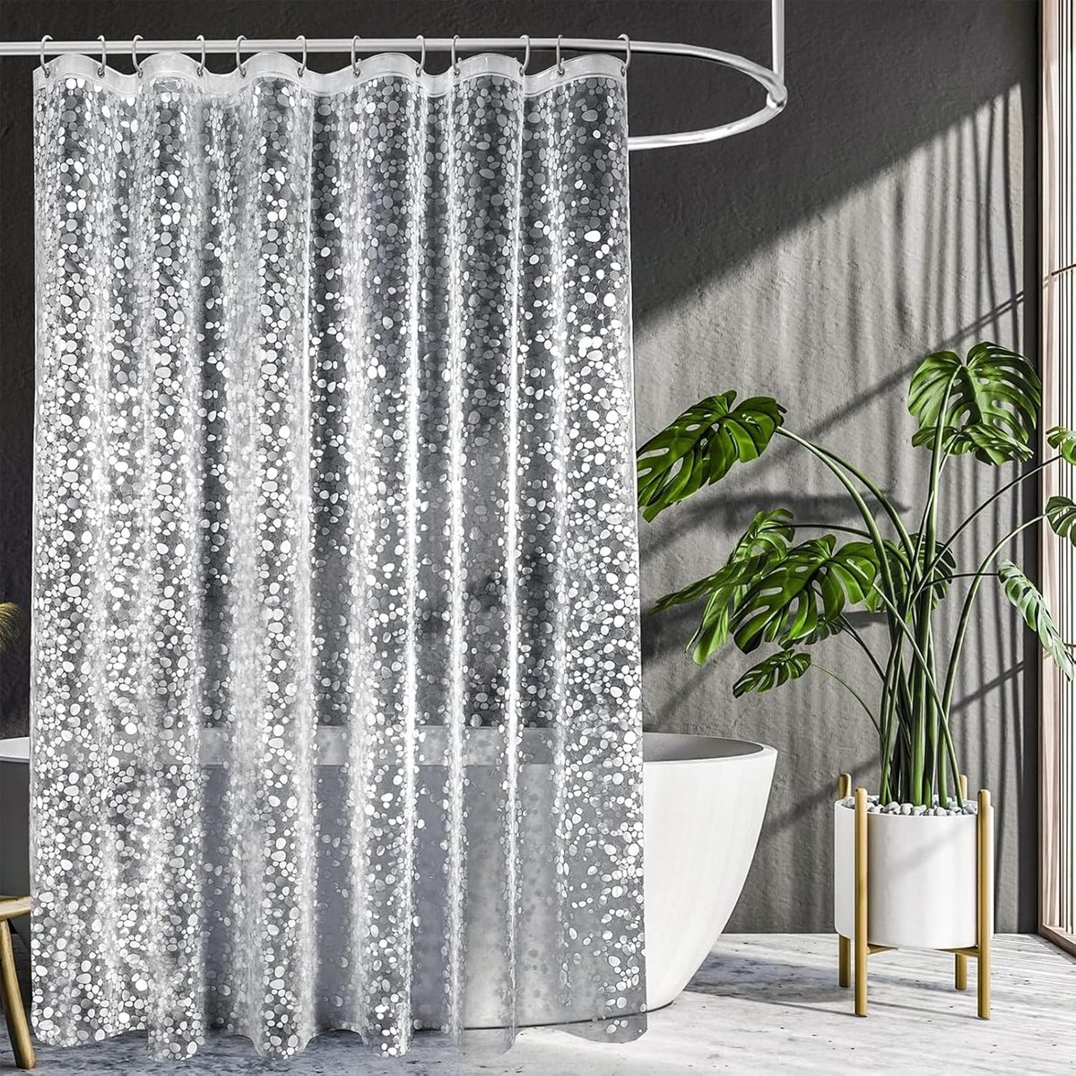 SnelShoppen - Douchegordijn 3D Steentjespatroon 180 x 200 cm, Anti-Schimmel Waterdicht PEVA Materiaal, Inclusief 12 Gratis Doucheringen voor Badkamer,