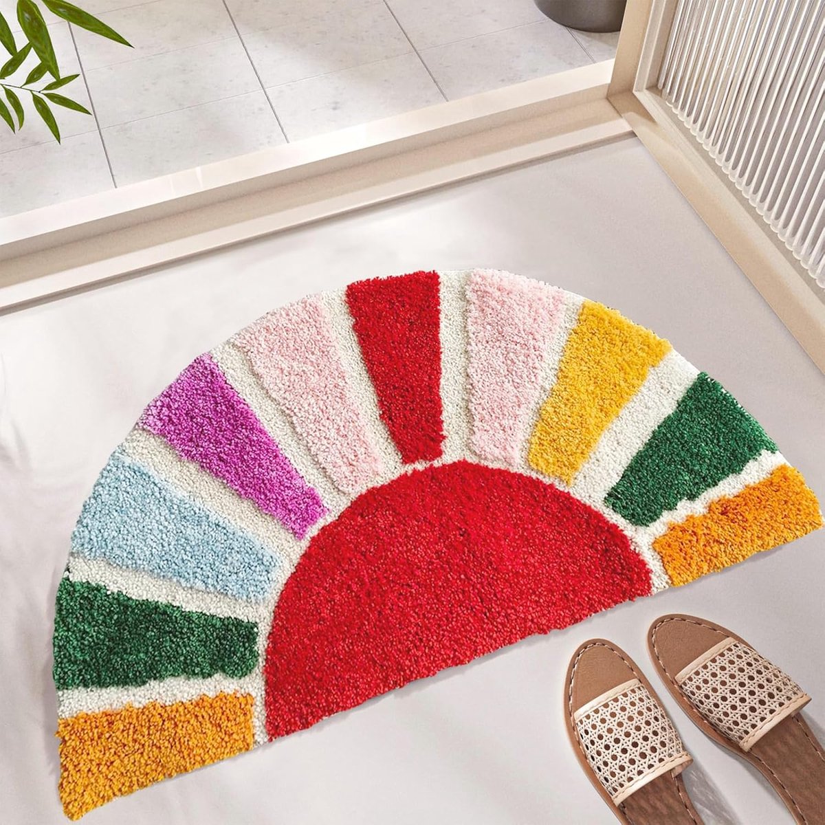 SnelShoppen - Halbkreis Boho Badmat Rutschfest en Waschbar, Kleurrijke Retro Badkamer Tapijt in Zonnedesign, Zacht Bad- en Douchematt 40 x 76 CM