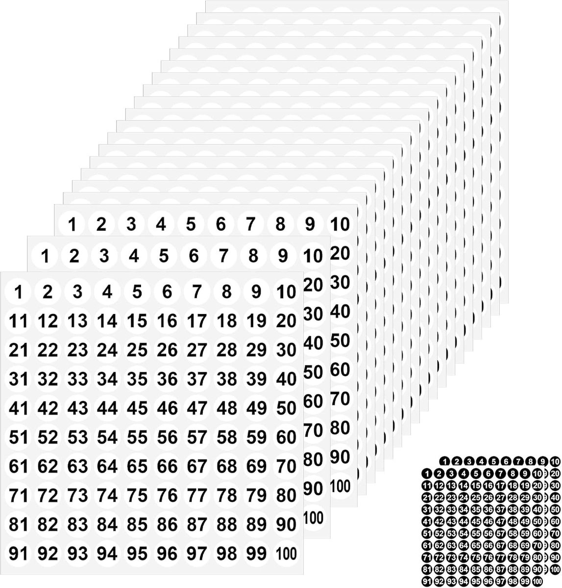SnelShoppen - 52 Vel Nummerstickers 1-100, Zelfklevende Ronde Stickers 1 cm, Perfect voor Scholen, Huishoudens, Kantoor en Magazijnen