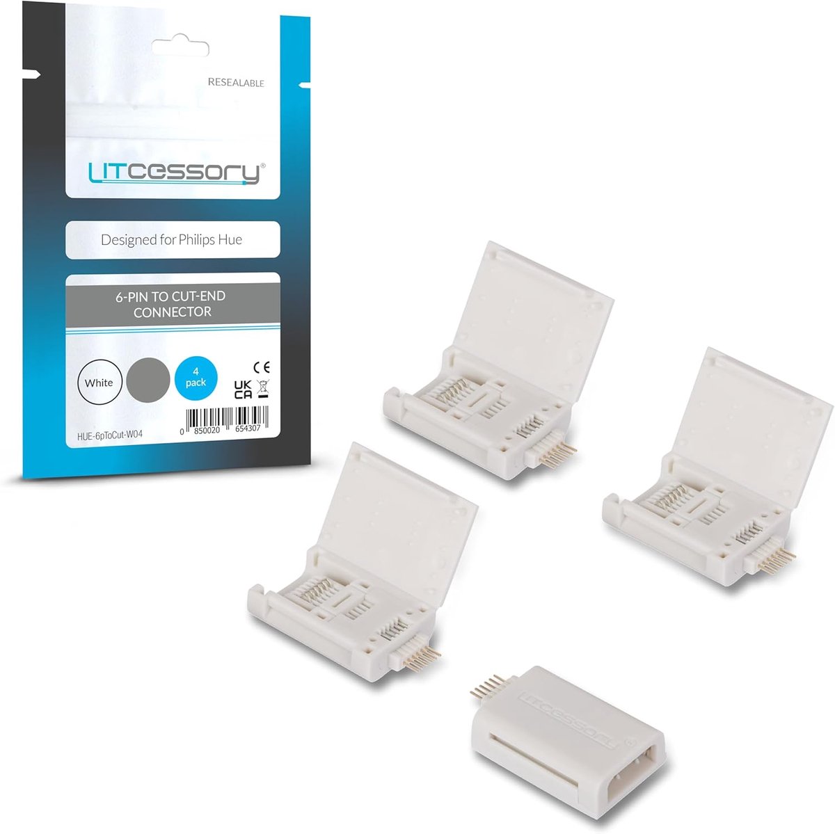 SnelShoppen - 6-Pin Narr Cut Off Connector voor Philips Hue Lightstrip Plus - 4 Stuks - Mikro 6-Pin V4 - Wit - Perfect voor Solo Lightstrip