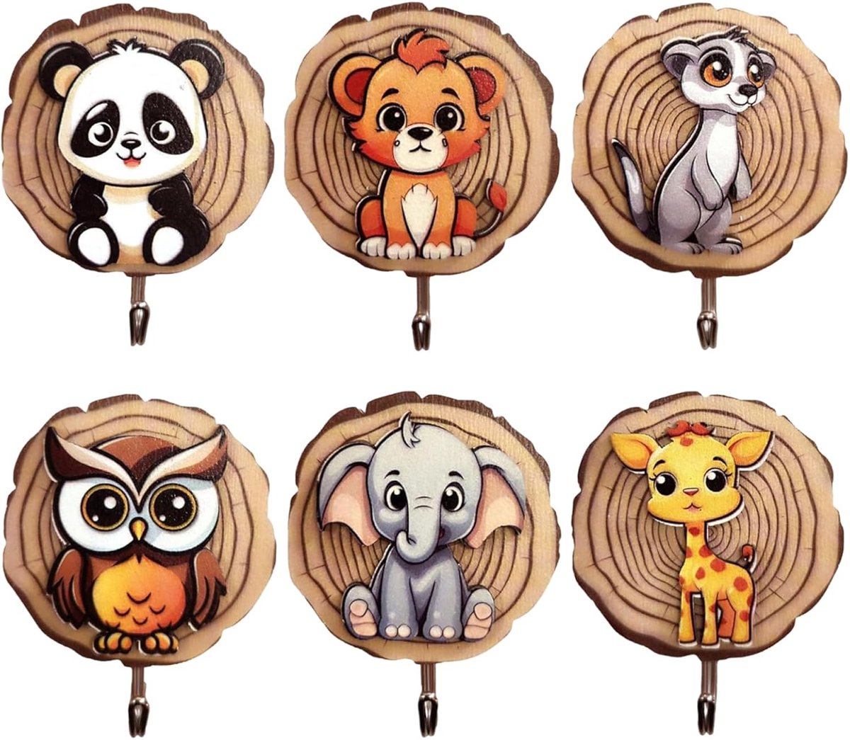 SnelShoppen - 6 Dieren Kledinghaken voor Kinderen - Zelfklevende Houten Haakjes in Dierenvormen - Ideaal voor Kinderkamer, Badkamer en Keuken