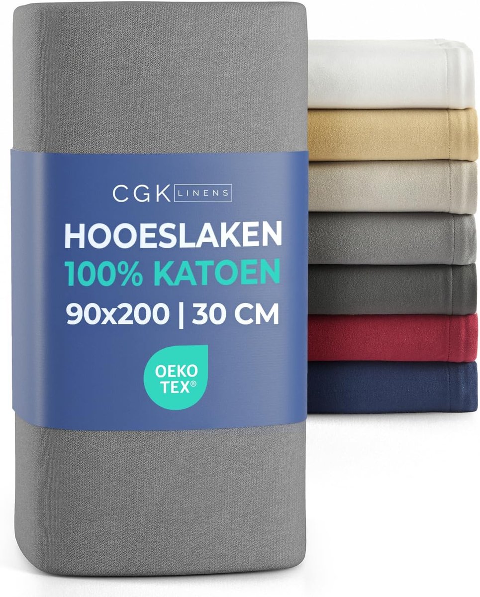 SnelShoppen - Fitted sheet 90x200 cm - 100% katoen jersey, Oeko-Tex gecertificeerd, premium hoeslaken geschikt voor matrassen tot 30 cm hoog, donkergr