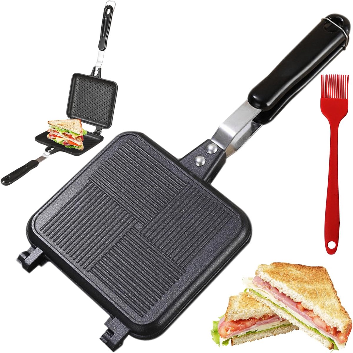 SnelShoppen - Aluminium Dubbelzijdige Kookpan, Warm Sandwich Maker Pan, Toastpan met Hittebestendige Handgreep, Anti-aanbak Coating, Sandwich Panini M