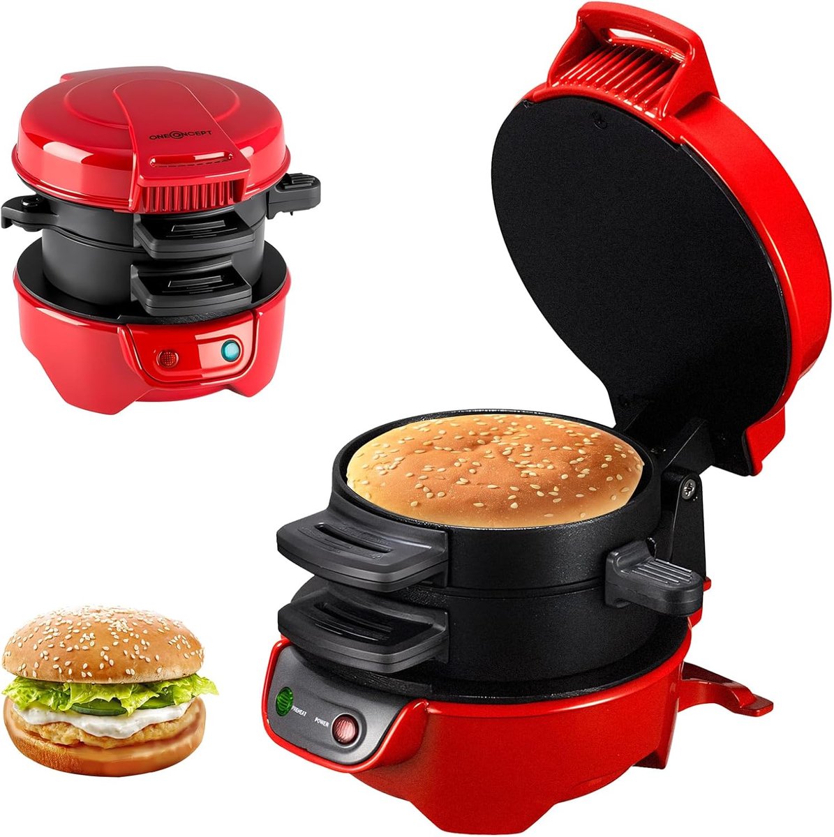 SnelShoppen - Sandwich Toaster Burger Maker met Eierenringen, Timer, Non-Stick Coating, Geschikt voor Burgers, Wafels en Snacks, Vaatwasserbestendig,