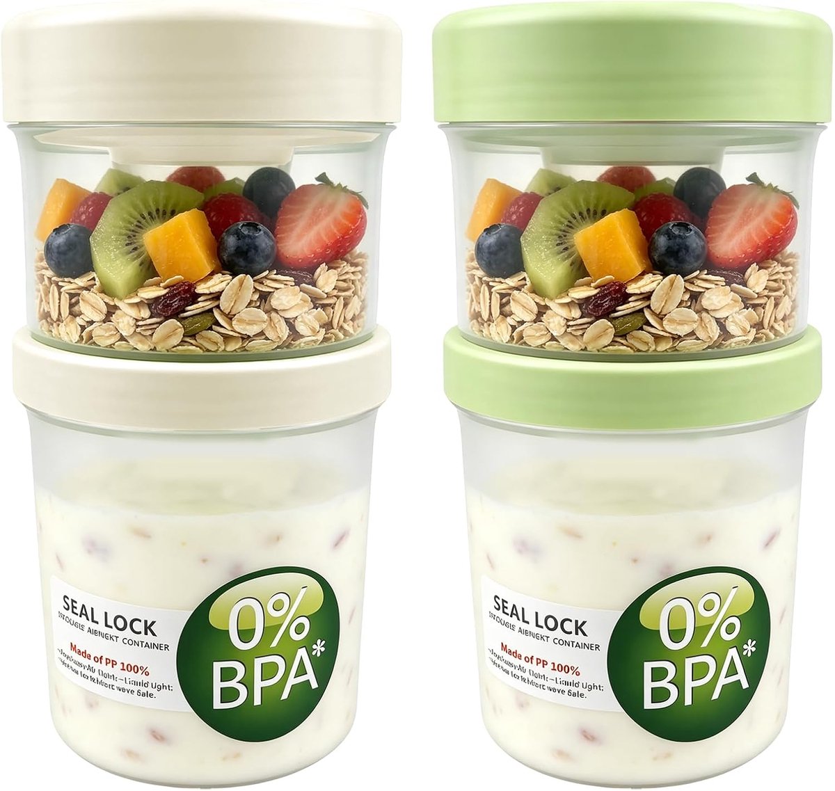 SnelShoppen - Overnight Haver Container 2 Stuks met Lepel - Herbruikbare Granen Yoghurt Cups 560ml + 360ml - Dubbellaags Ontwerp voor School, Kantoor,