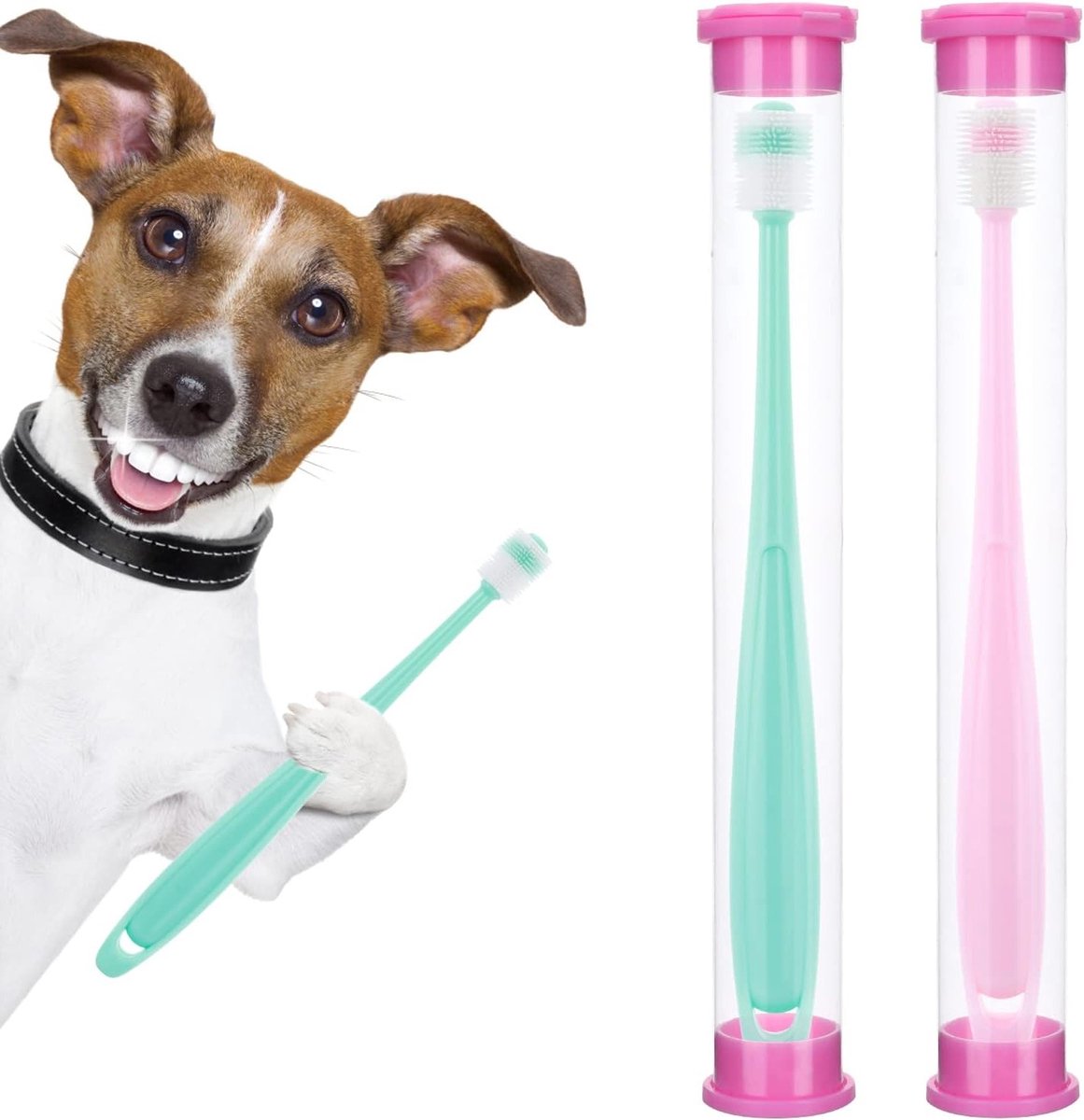 Hondentandenborstel Set met 360 Graden Ontwerp, Siliconen Handvat en Opbergdoos voor Puppy en Kat, Compleet Tandenreinigingspakket voor Huisdieren (Roze+Blauw)